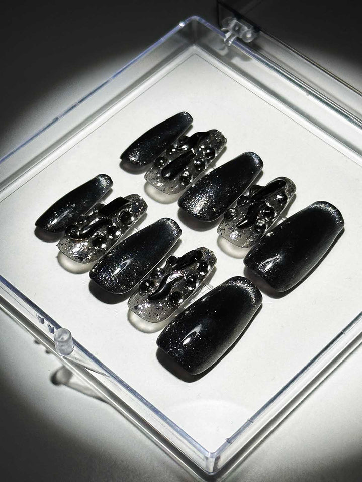 Black Cat Eye Crystal Handmade Press On Nails - Mew Mews Fashion