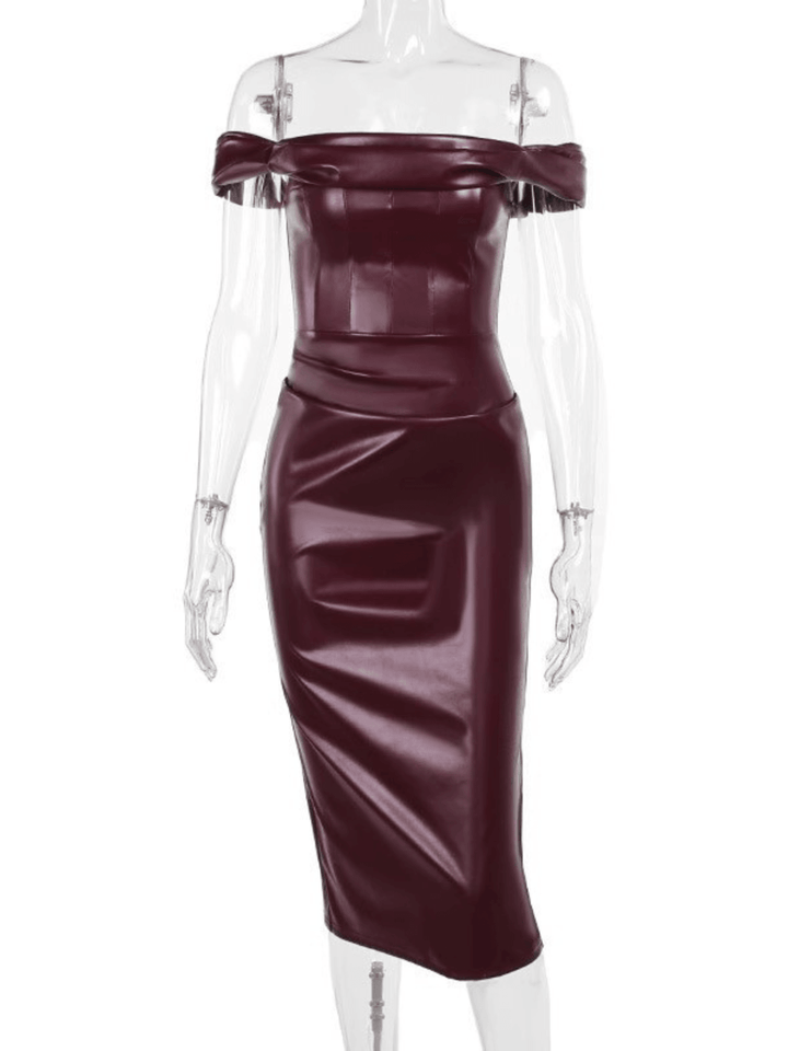 Blaine Off Shoulder Ruched Leather Dress - Mew Mews