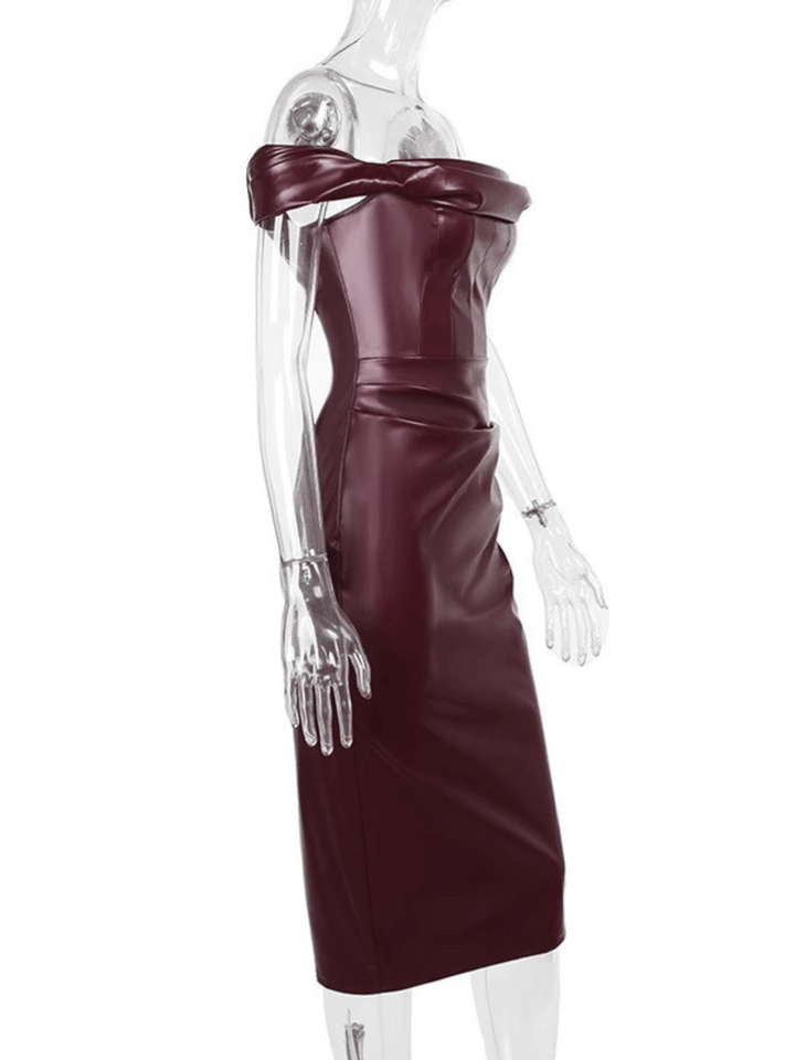 Blaine Off Shoulder Ruched Leather Dress - Mew Mews