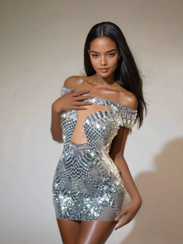 Bly Off Shoulder Rhinestone Mini Dress In Silver