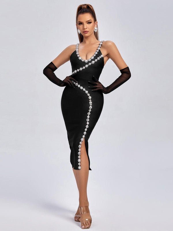 Braelynn Diamante Black Bandage Midi Dress
