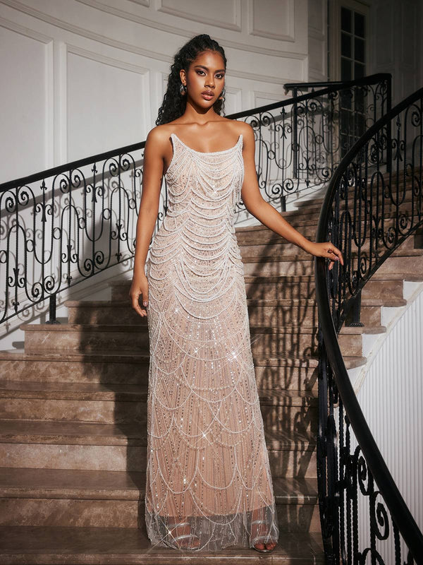 Branddun Strapless Pearl Embellished Maxi Dress