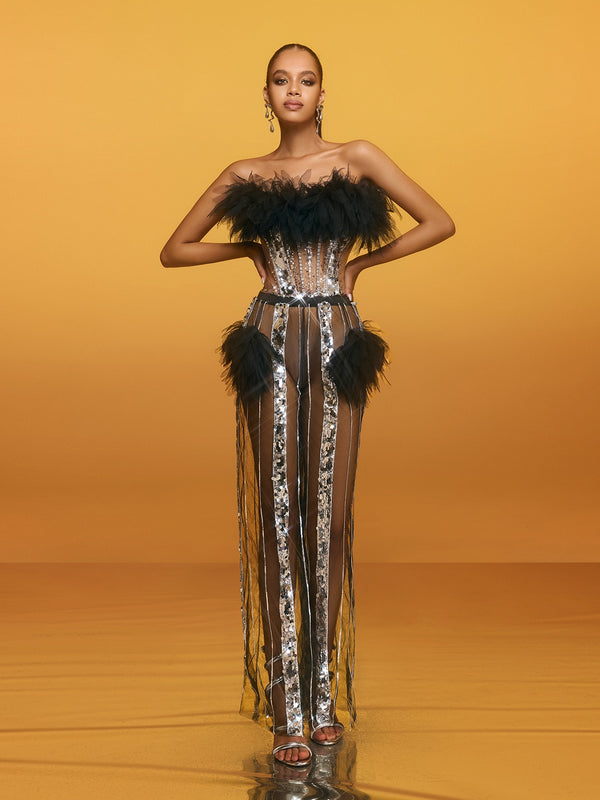 Brazor Strapless Feather Sequin Pants Set