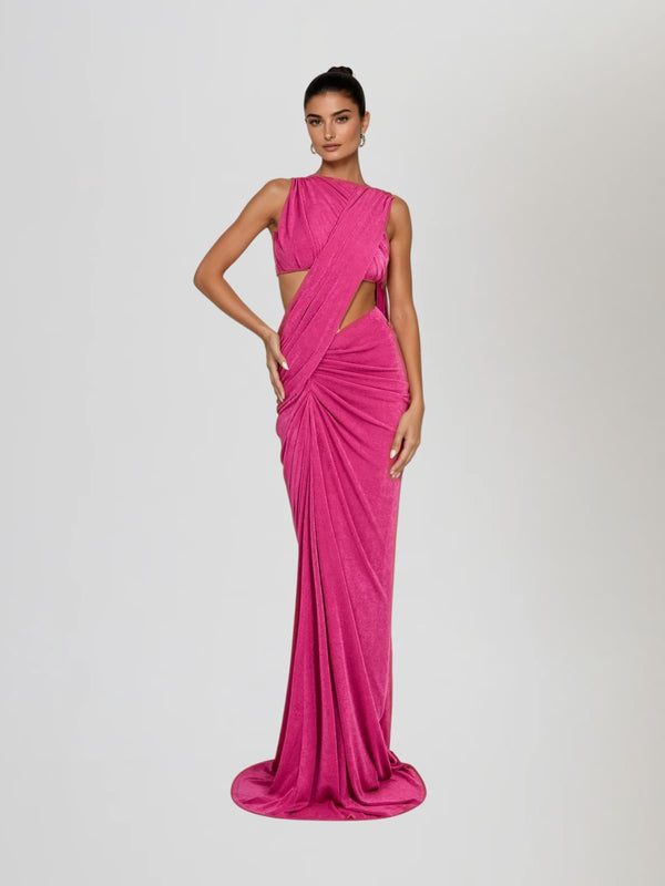 Breiana Sleeveless Ruched Maxi Dress In Hot Pink