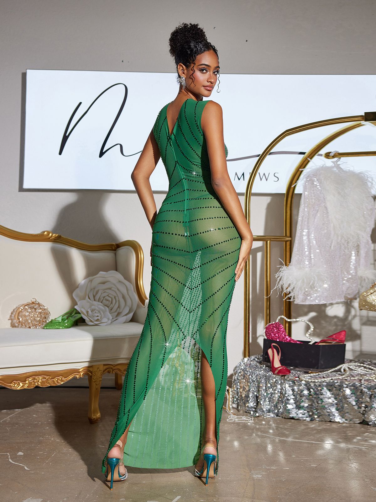 Mew Mews Brody Printed Rhinestone Split Maxi Dress In Green Mew Mews Brody Printed Rhinestone Split Maxi Dress In Green