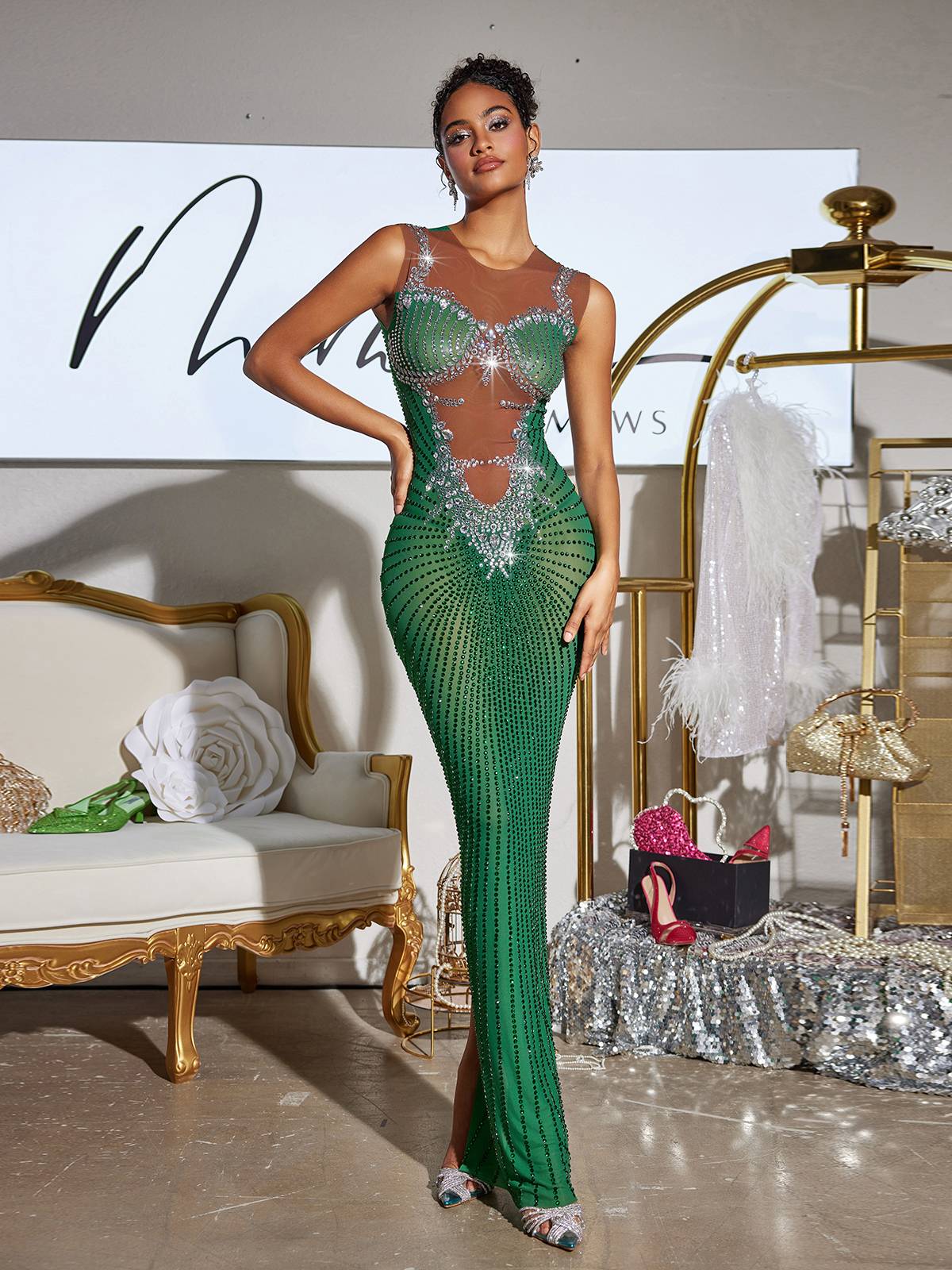 Brody Printed Rhinestone Split Maxi Dress In Green Mew Mews Brody Printed Rhinestone Split Maxi Dress In Green Mew Mews