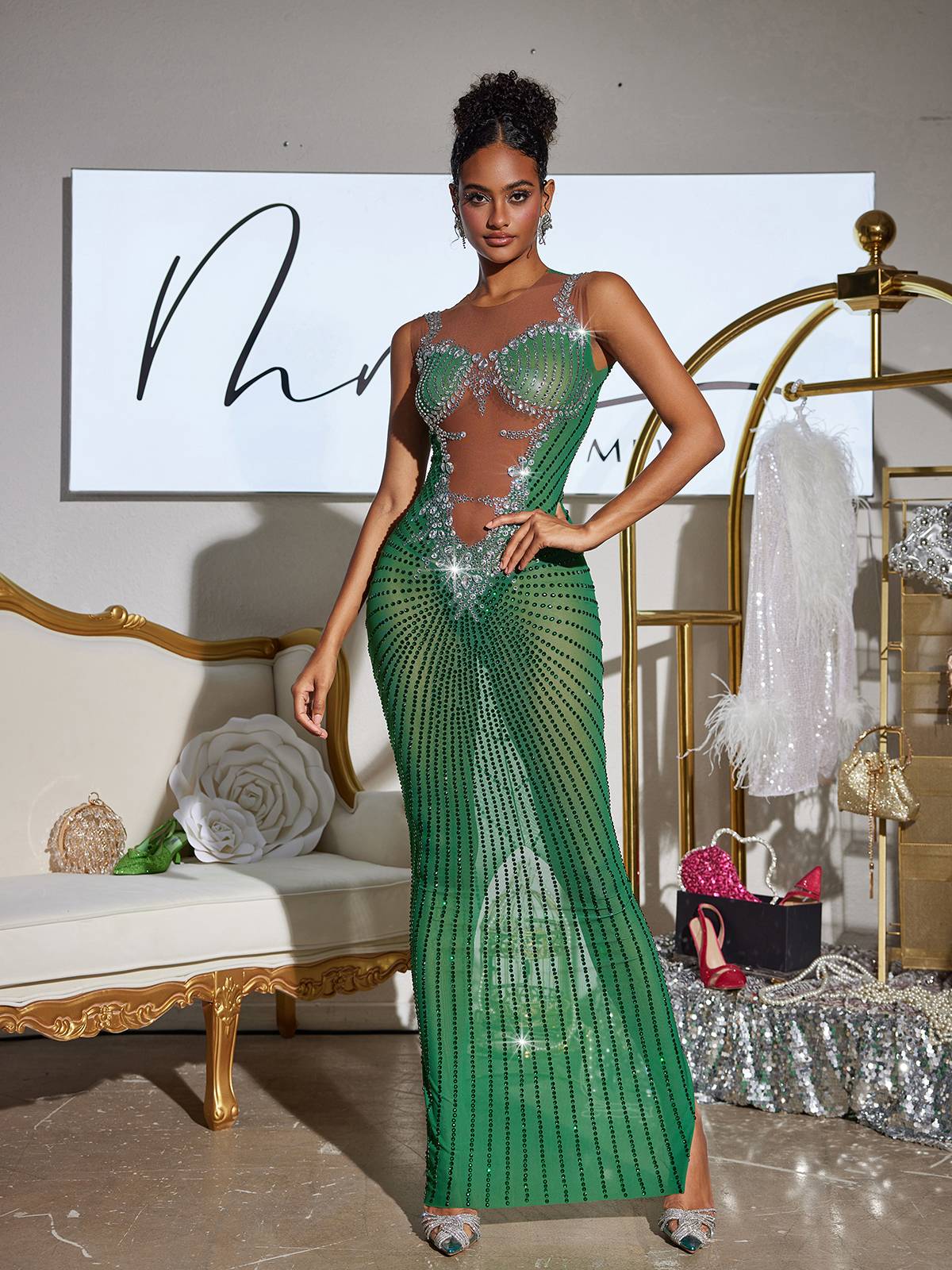 Brody Printed Rhinestone Split Maxi Dress In Green – Mew Mews