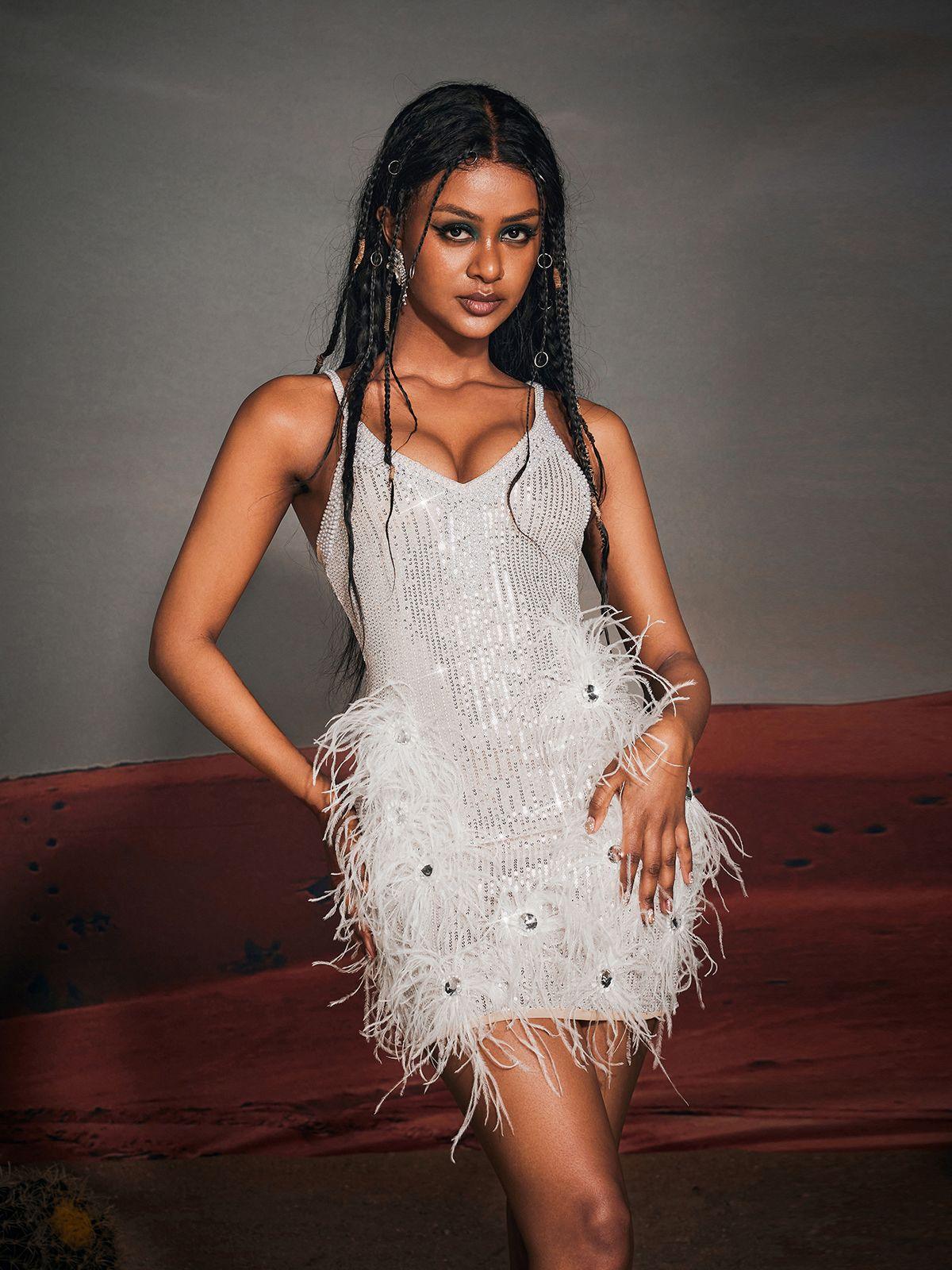 Bronte Pearl Sequin Feather Mini Dress – Mew Mews