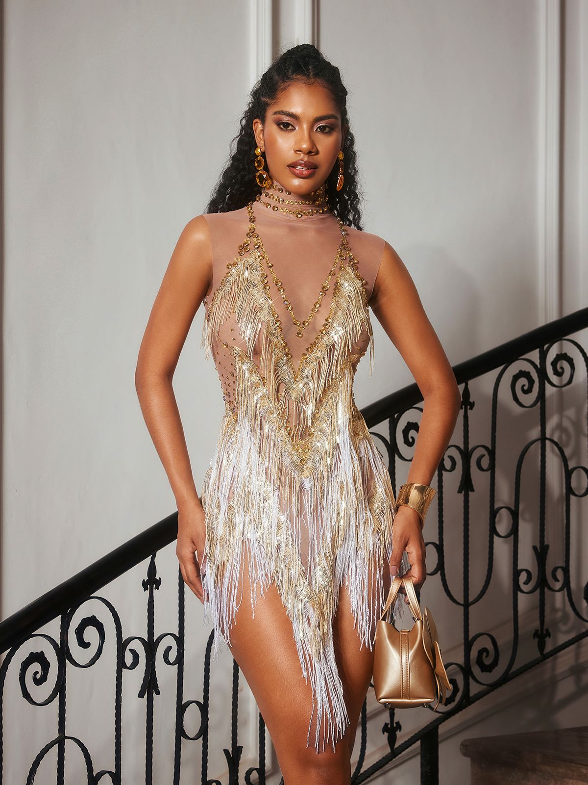 【nuyuh】fringe over bustier Buggan_Rhinestone_Fringe_Mesh_