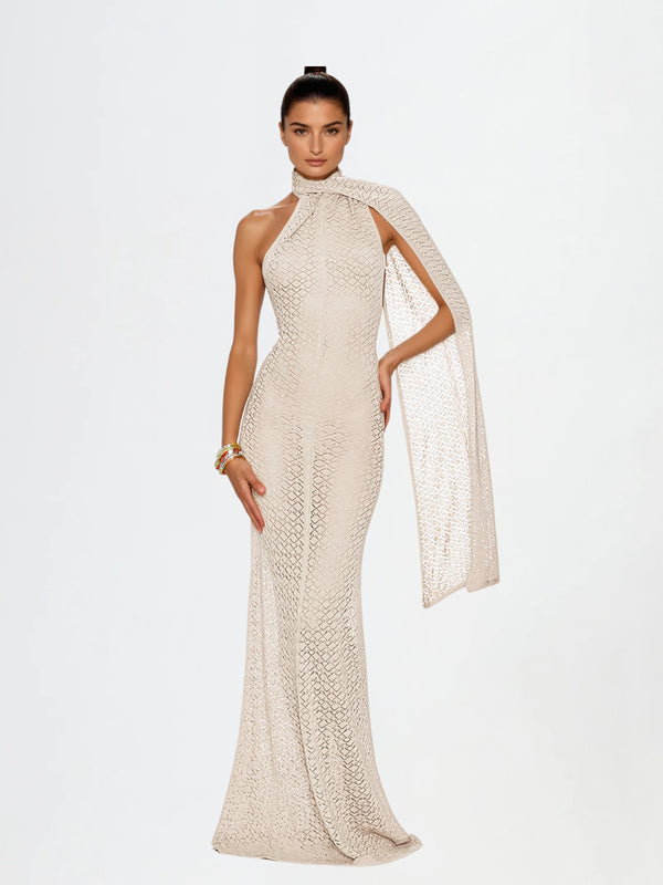 Calore Backless Shawl Cutout Maxi Dress In Apricot