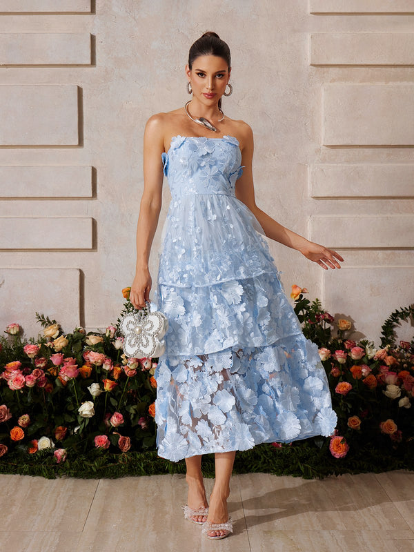 Camo Strapless Flower Embroidered Midi Dress In Blue