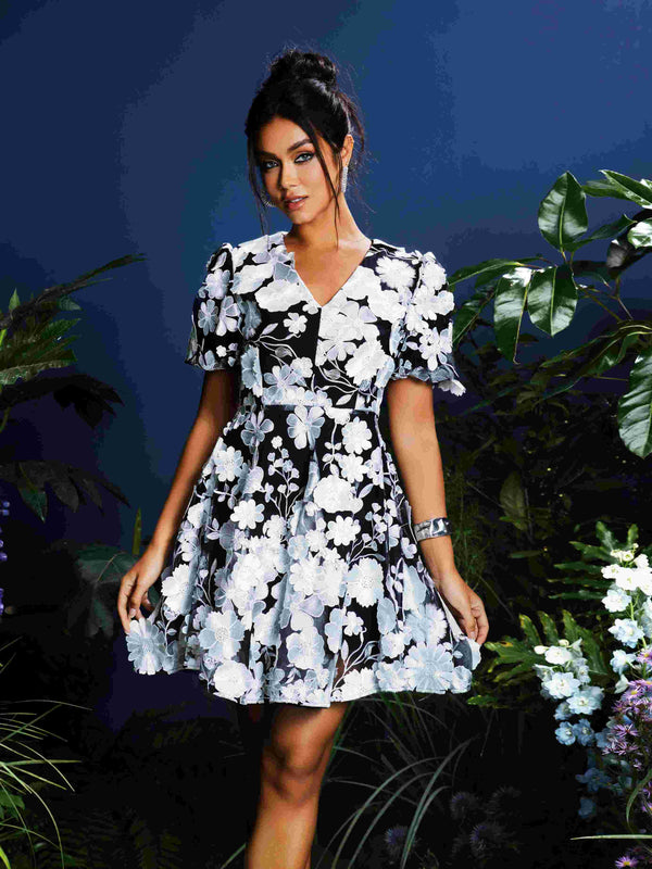 Camo V Neck Flower Embroidered Mini Dress In Black