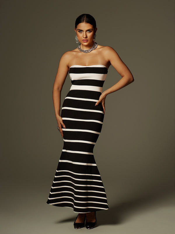 Cathee Strapless Stripe Bandage Maxi Dress