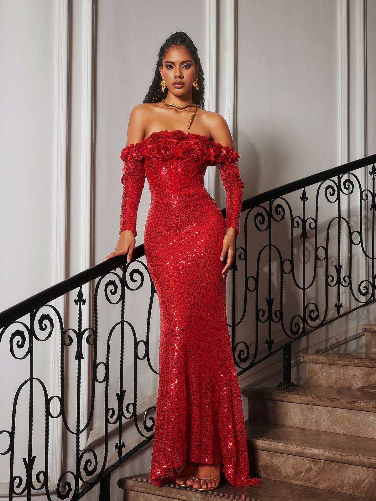 Catherynne Off Shoulder Flower Sequin Maxi Dress – Mew Mews