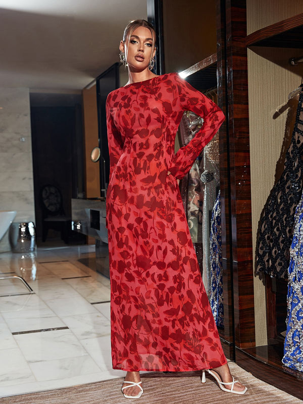 Cecily Long Sleeve Rose Printed Maxi Dress
