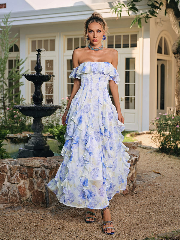 Cedron Off Shoulder Floral Ruffle Maxi Dress