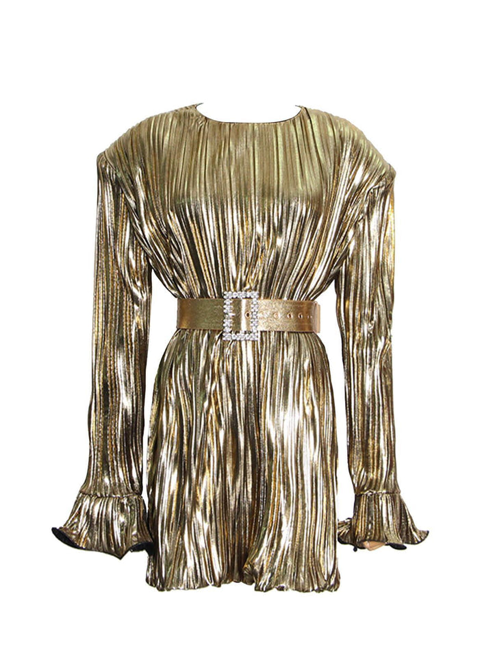 Cerelia Long Sleeve Buckled Mini Dress In Gold - Mew Mews Fashion
