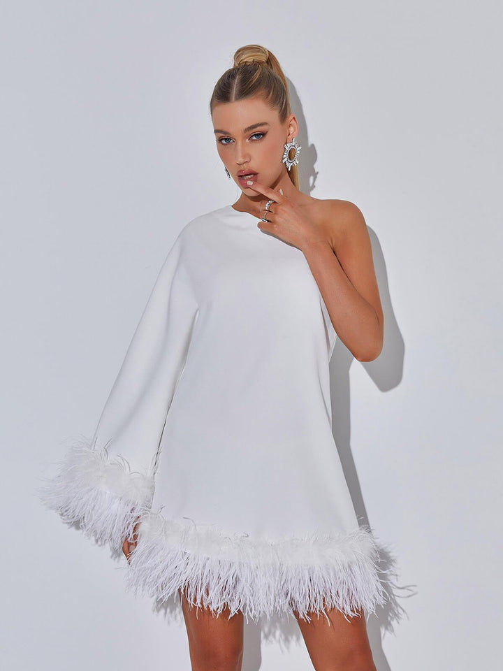 Ceridwen One Shoulder Feather Mini Dress In White - Mew Mews