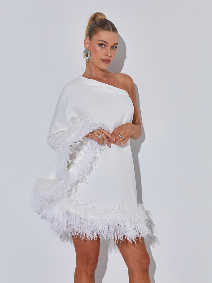 Ceridwen One Shoulder Feather Mini Dress In White - Mew Mews