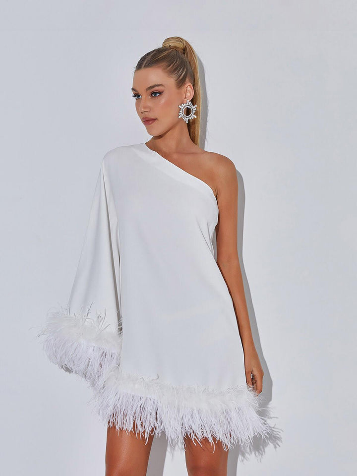 Ceridwen One Shoulder Feather Mini Dress In White - Mew Mews