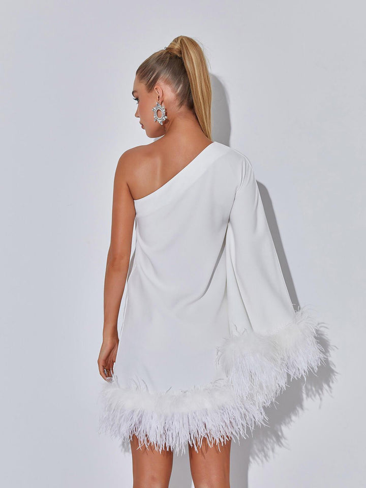 Ceridwen One Shoulder Feather Mini Dress In White - Mew Mews