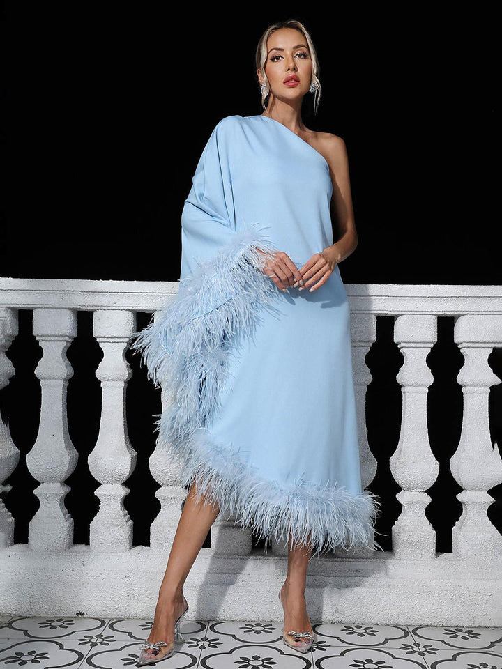 Ceridwen One Shoulder Feather Trimmed Midi Dress In Blue - Mew Mews