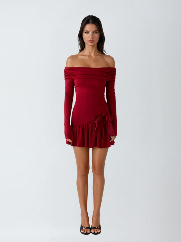 Cerulea Off Shoulder Bow Mini Dress
