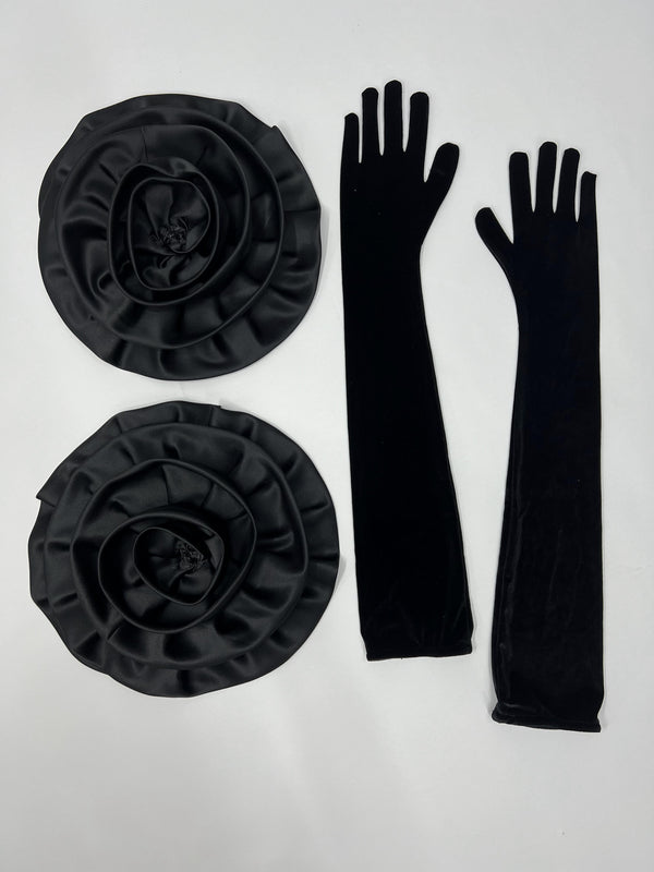 Ceva Camellia Flower Satin Gloves In Black
