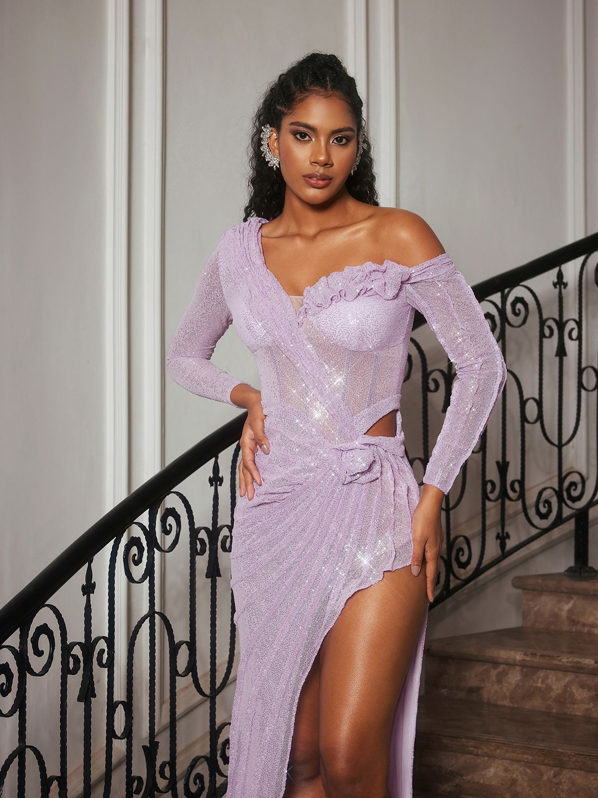 Mew Mews Chaperel Long Sleeve Sequin Split Maxi Dress Mew Mews Chaperel Long Sleeve Sequin Split Maxi Dress