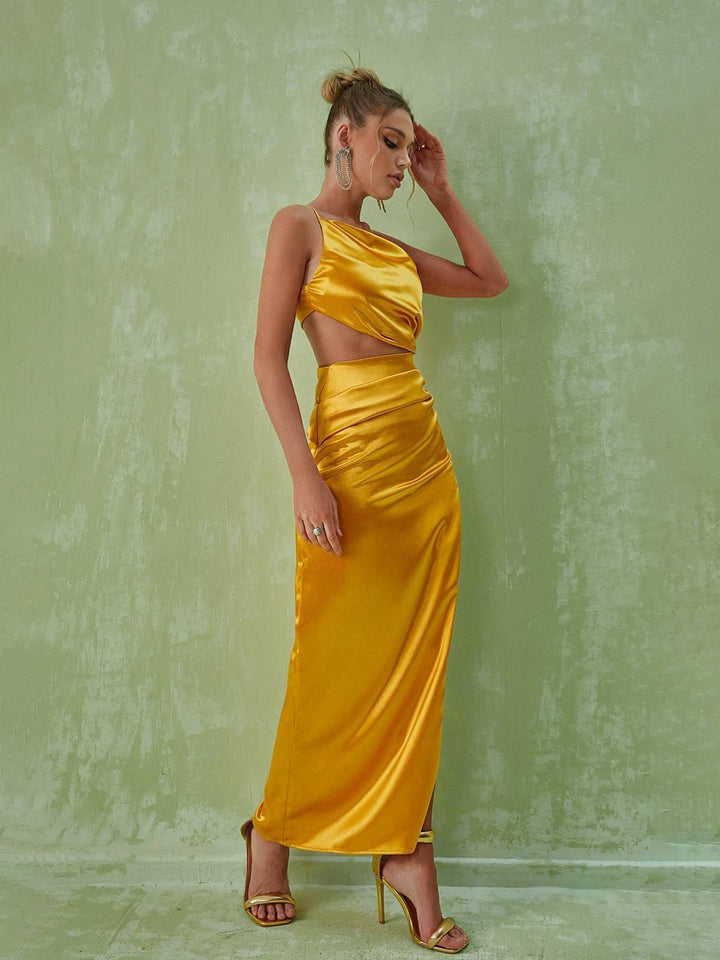 Chara One Shoulder Cutout Maxi Dress In Gold - Mew Mews