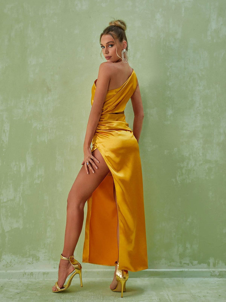 Chara One Shoulder Cutout Maxi Dress In Gold - Mew Mews