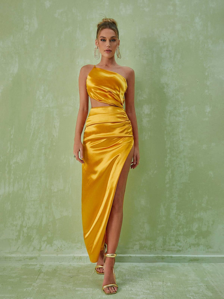 Chara One Shoulder Cutout Maxi Dress In Gold - Mew Mews