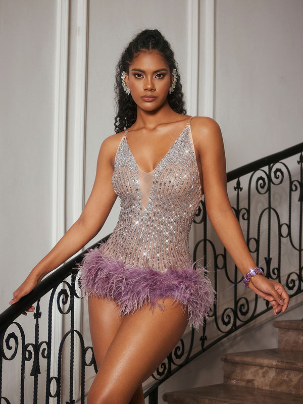 Charsian V Neck Rhinestone Feather Bodysuit