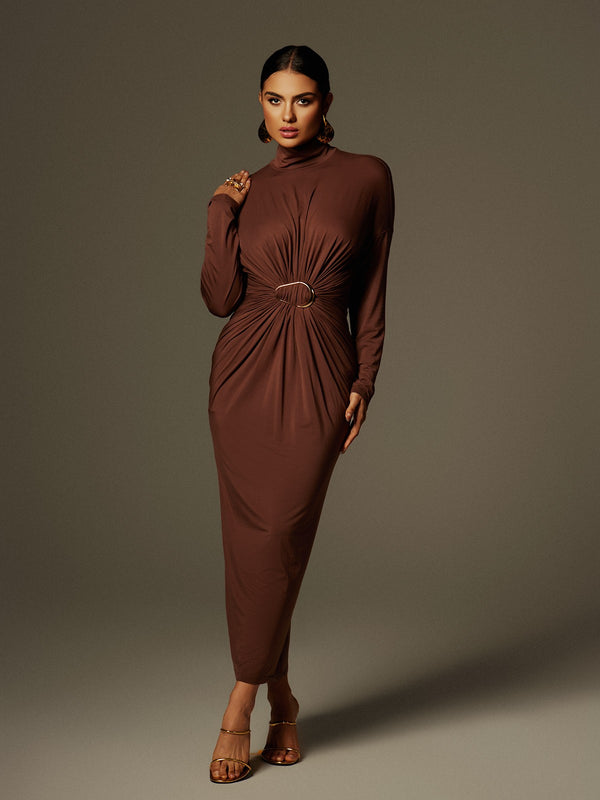 Chasity High Neck Ruched Midi Dress