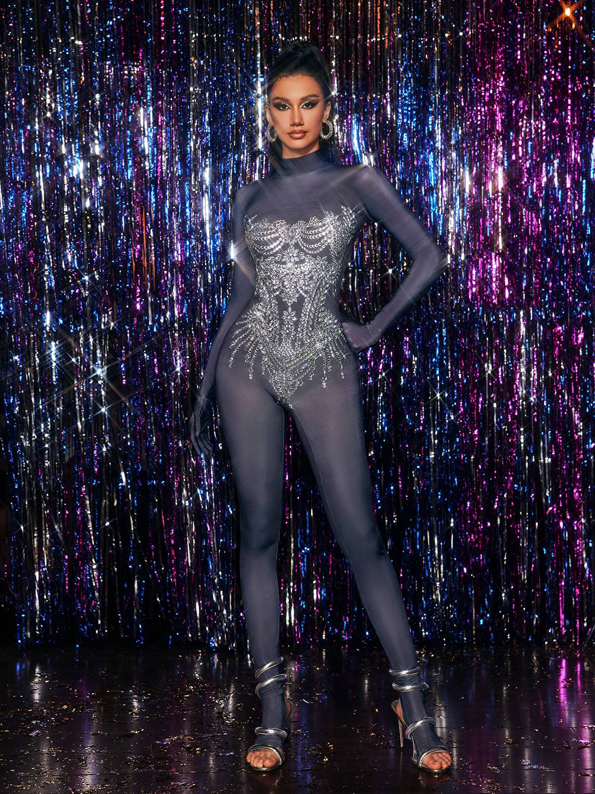 Chesten Long Sleeve Rhinestone Embellished Jumpsuit – Mew Mews