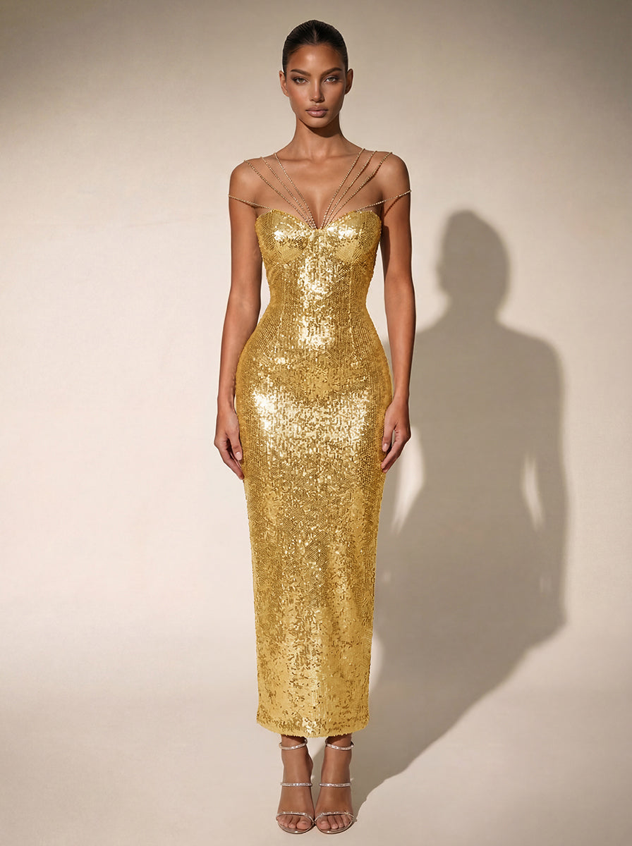 Mew Mews Chiquita Rhinestone Sequin Maxi Dress In Gold Mew Mews Chiquita Rhinestone Sequin Maxi Dress In Gold