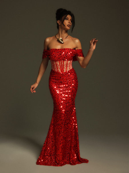 Mew Mews Christena Off Shoulder Sequin Corset Maxi Dress Mew Mews Christena Off Shoulder Sequin Corset Maxi Dress