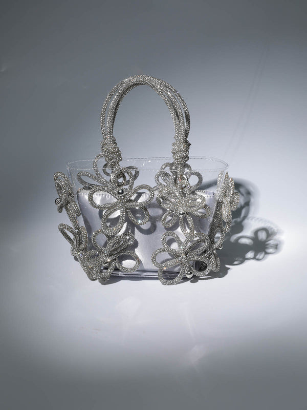 Chrysanthemum Crystal Flower Bag In Silver