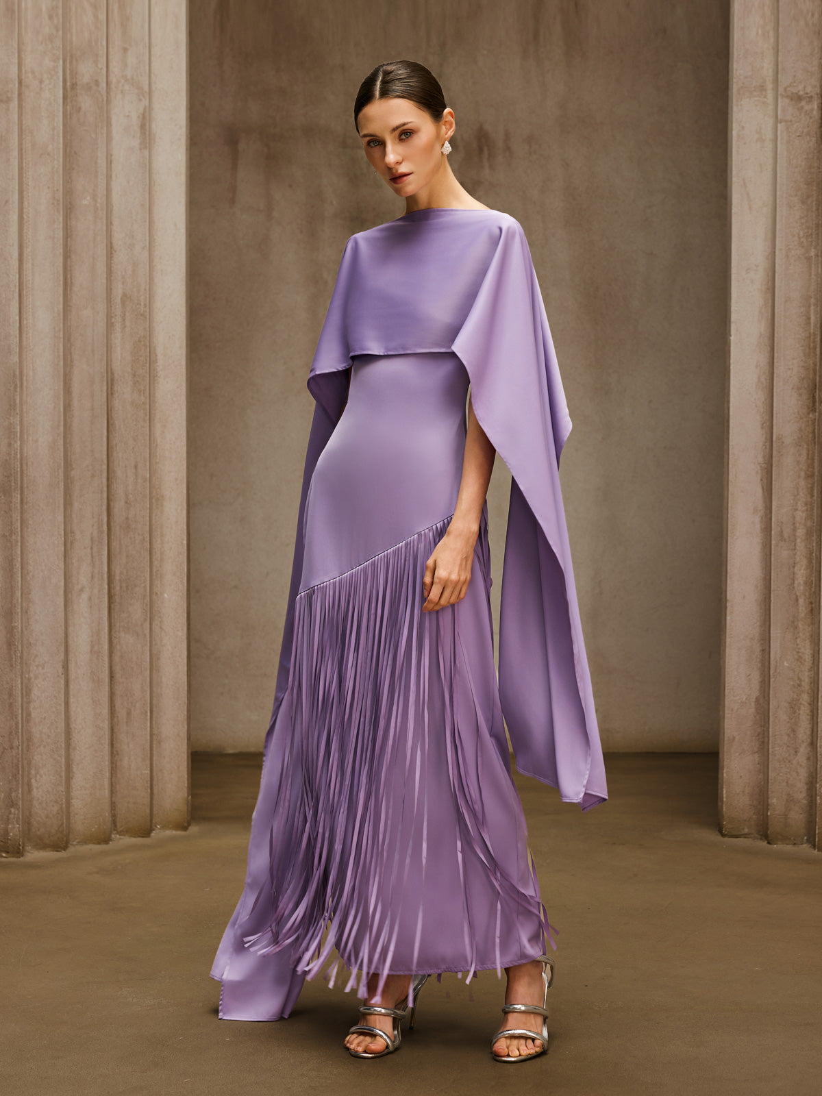 shawl for maxi dress S Cindara Fringe In Purple perfect for formal events publication-list:25Q3_FALL_1 Color:Blush Rose Print Black Sequin Wrap Maxi