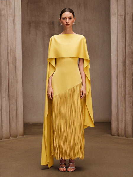Mew Mews Cindara Shawl Fringe Maxi Dress In Yellow Mew Mews Cindara Shawl Fringe Maxi Dress In Yellow
