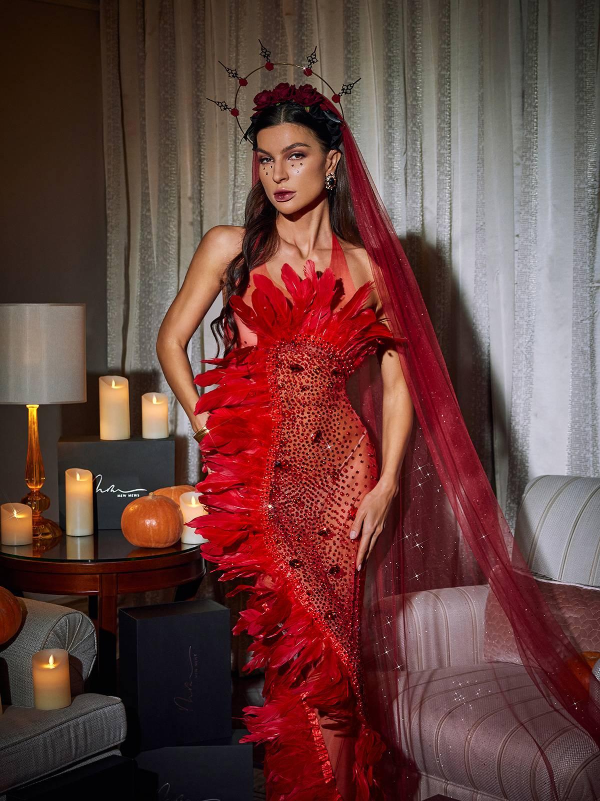 Circe Embellished Mesh Feather Maxi Dress In Red – Mew Mews