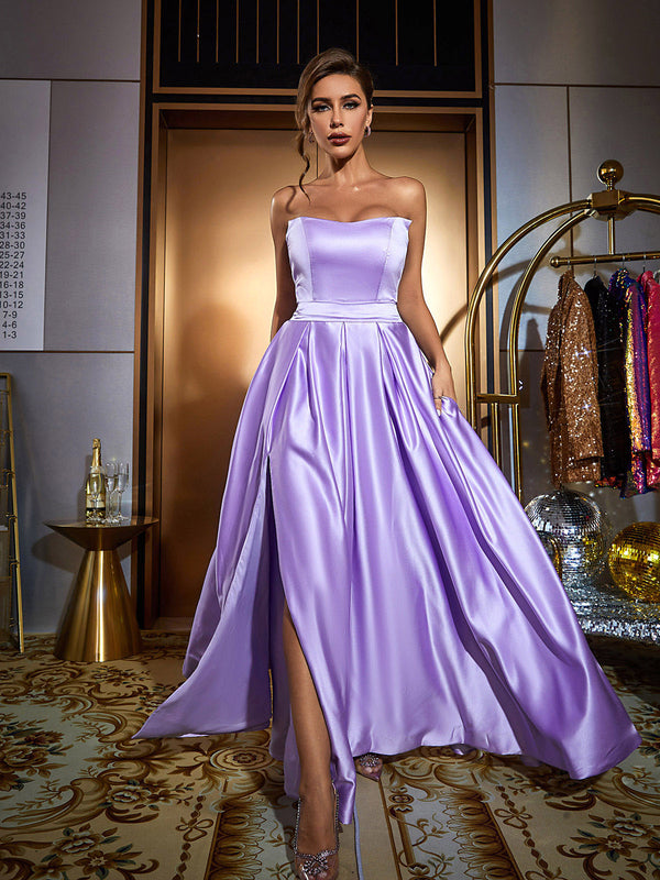 Coen Satin Strapless Maxi Dress In Purple