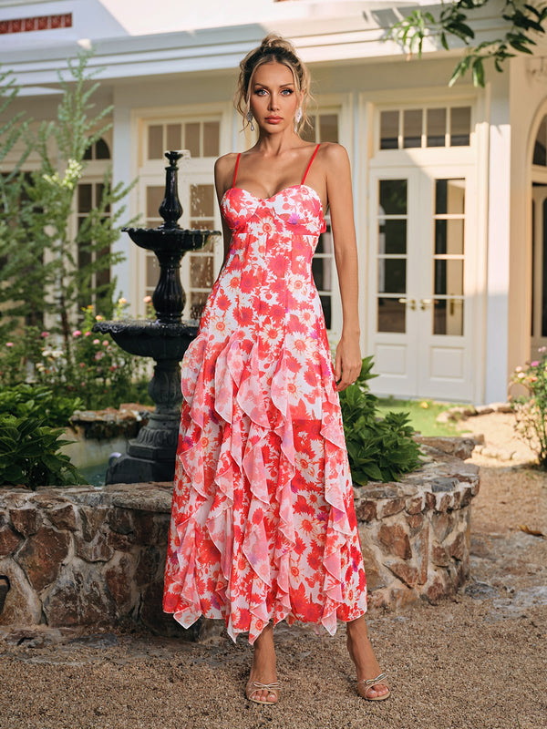 Corvak Spaghetti Floral Ruffle Dress
