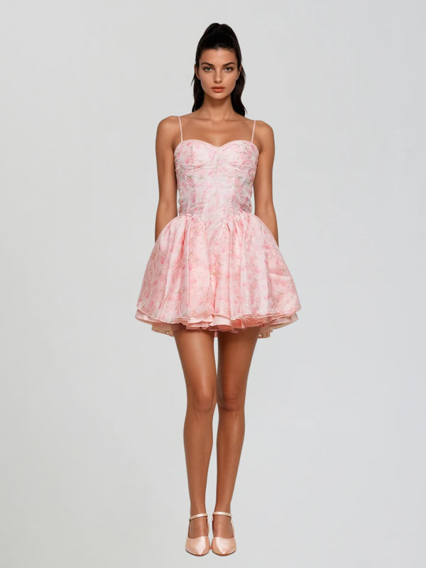 Corviel Spaghetti Floral Printed Ruffle Mini Dress