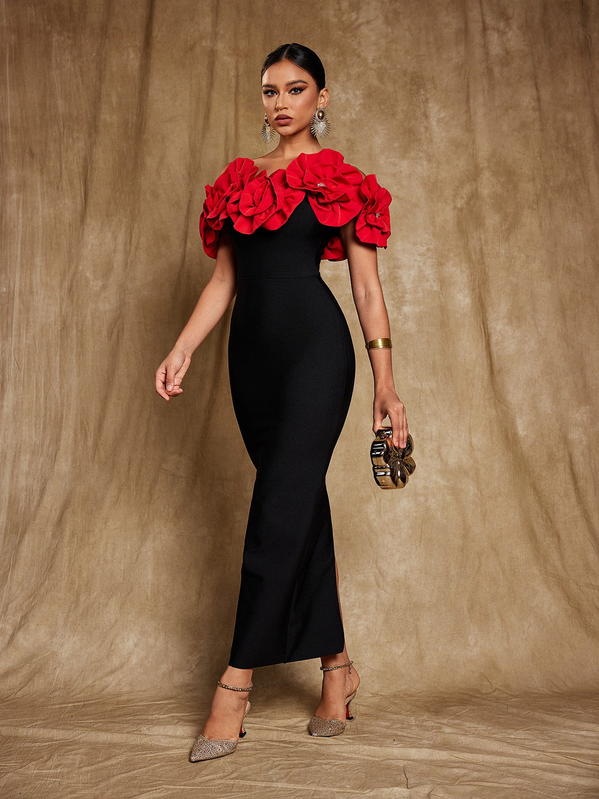 Creed Off Shoulder Flower Bandage Dress In Red Mew Mews Creed Off Shoulder Flower Bandage Dress In Red Mew Mews