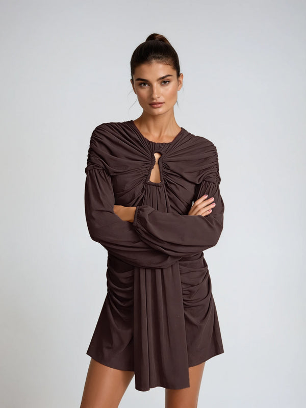 Crisprion Long Sleeve Ruched Draped Mini Dress
