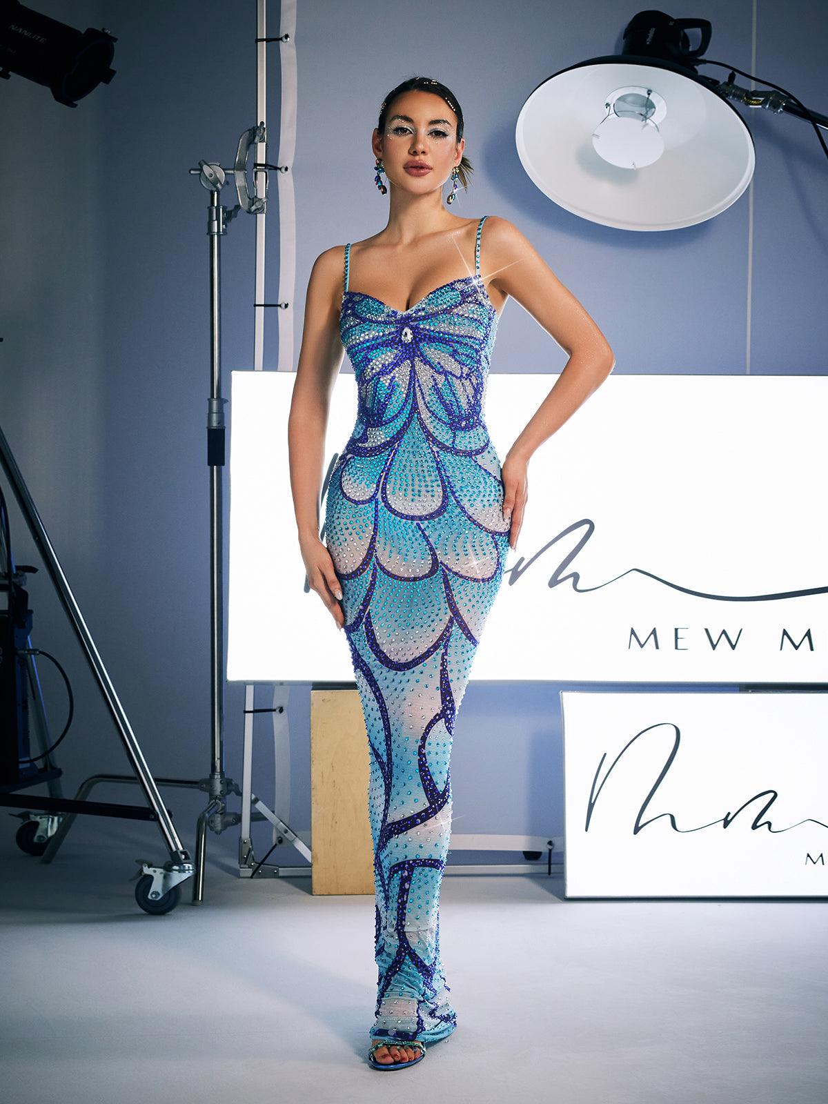 Mew Mews Croía Spaghetti Print Crystal Maxi Dress