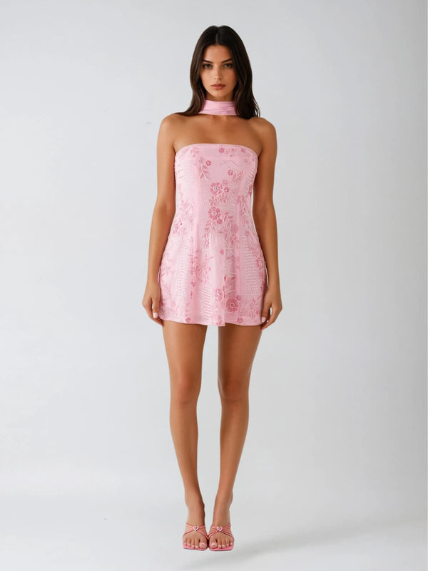 Cryon Floral Sequin Scarf Mini Dress