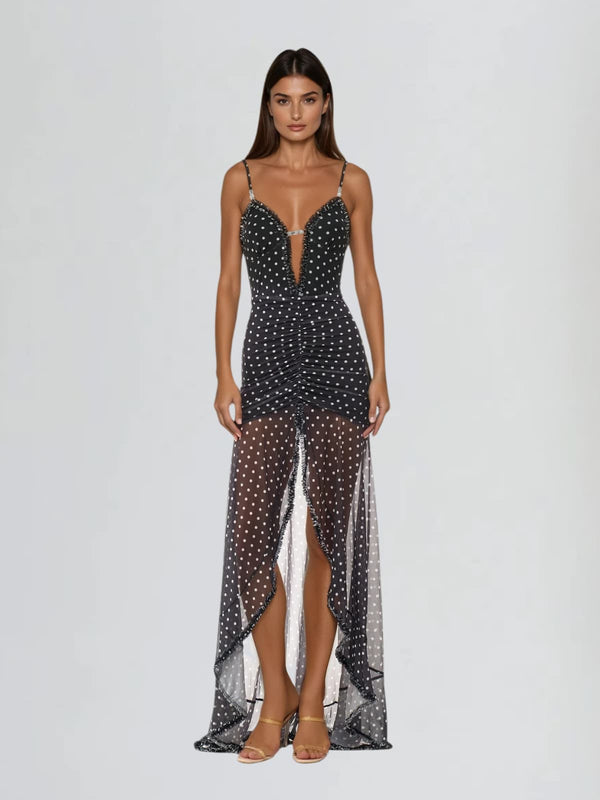 Cyalith Spaghetti Dot Split Maxi Dress