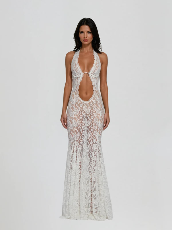 Cygnar Halterneck Lace Cutout Maxi Dress